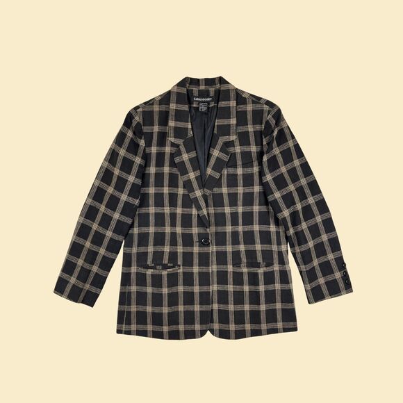 90s black & beige blazer jacket, size 10P vintage linen womens coat - Picture 1 of 10